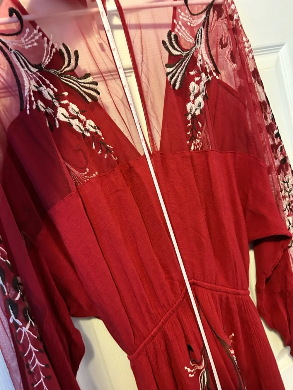 Free People Burgundy Red Embroidered Mesh Sleeve Mini Dress - Picture 12 of 13